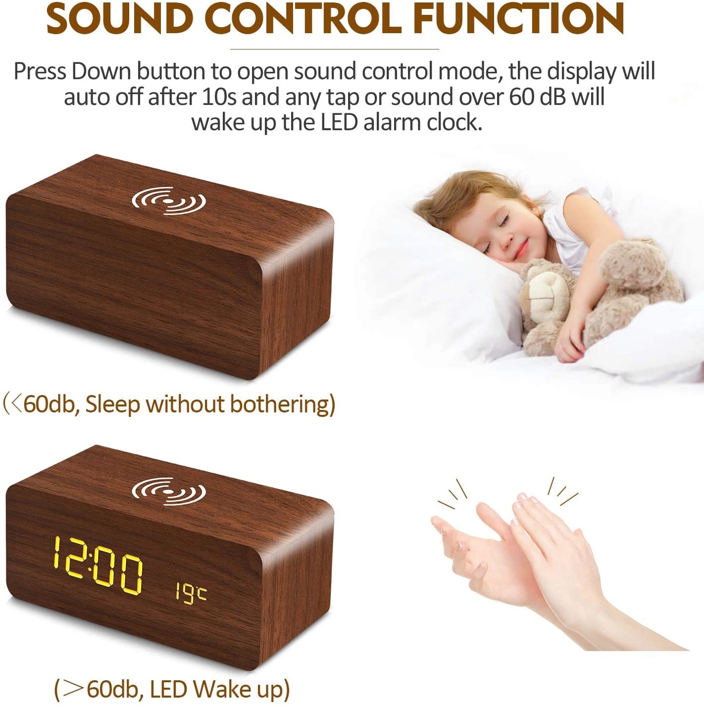 Wooden Alarm Clock with Wireless Charging 6