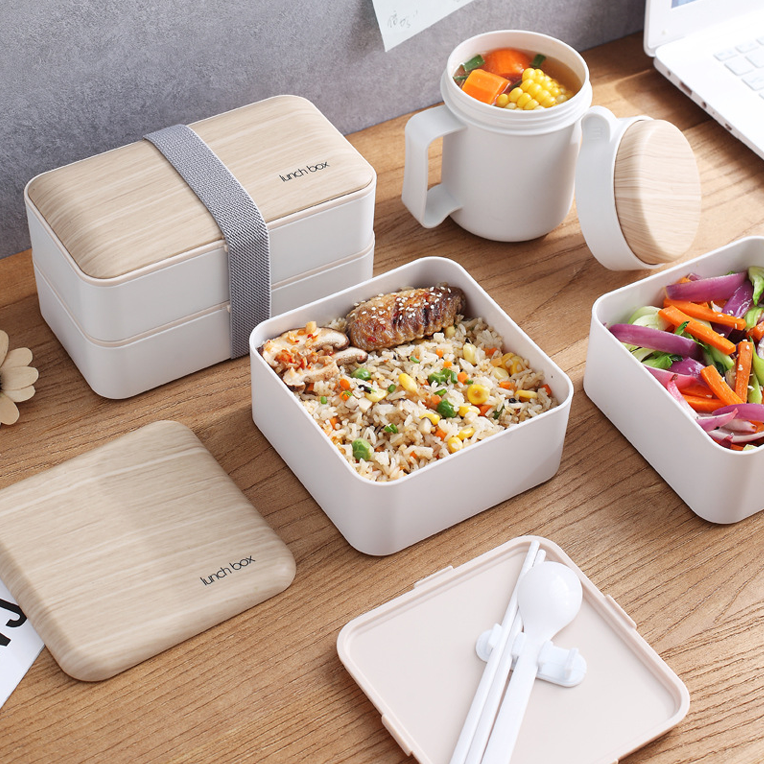 PP Japanese Style 2 Layer Food Lunch Box W/ Utensils 5