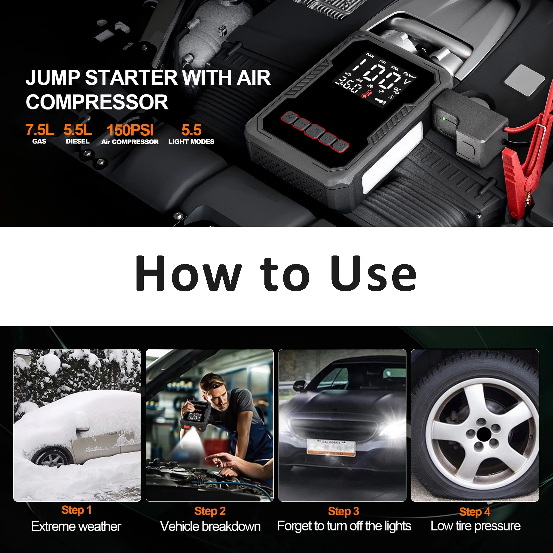 4-in-1 Smart Air Pump and Car Battery Jump Starter 5
