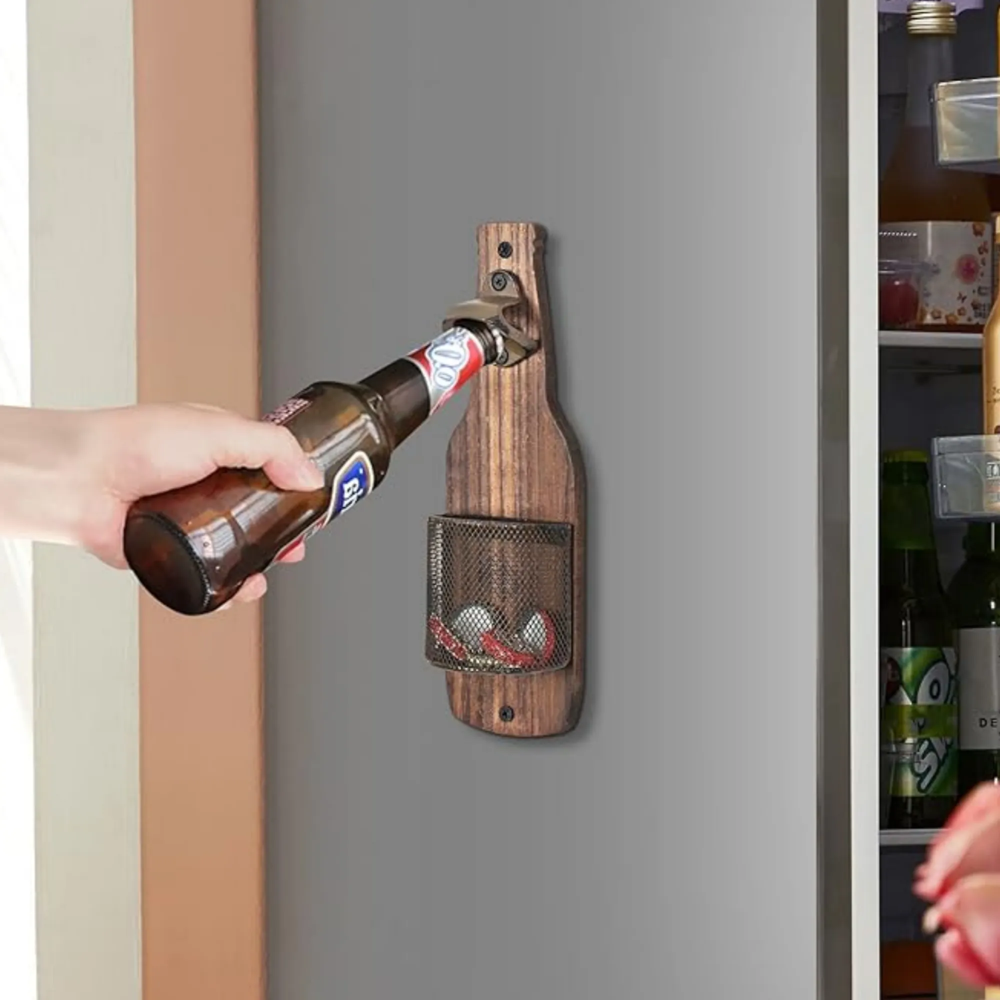 MOQ Wooden Wall Mounted Bottle Opener with Cap Catcher 3