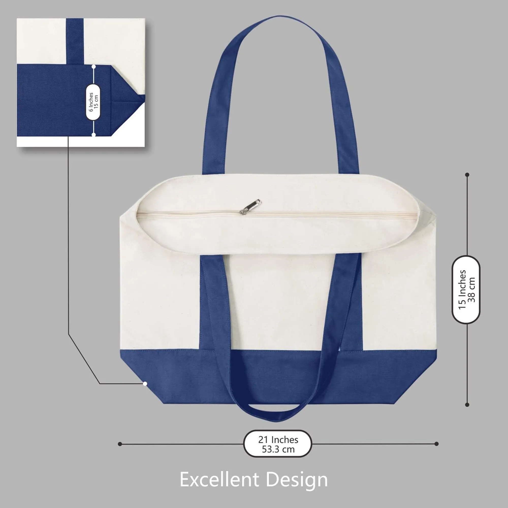 100% Cotton Canvas Tote Bag Top Zipper Closure 2