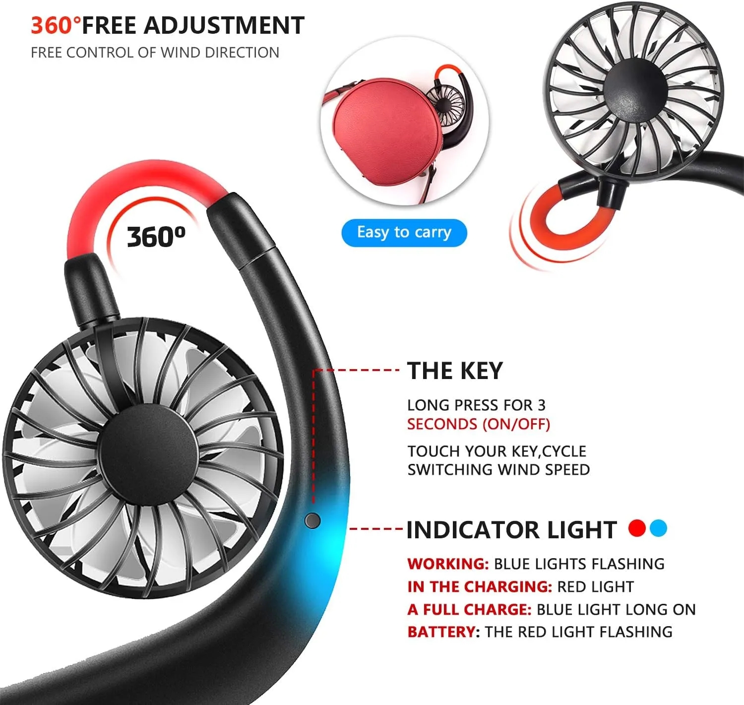 Portable Neck Fan 2500 mAh Rechargeable USB Hands-Free 3
