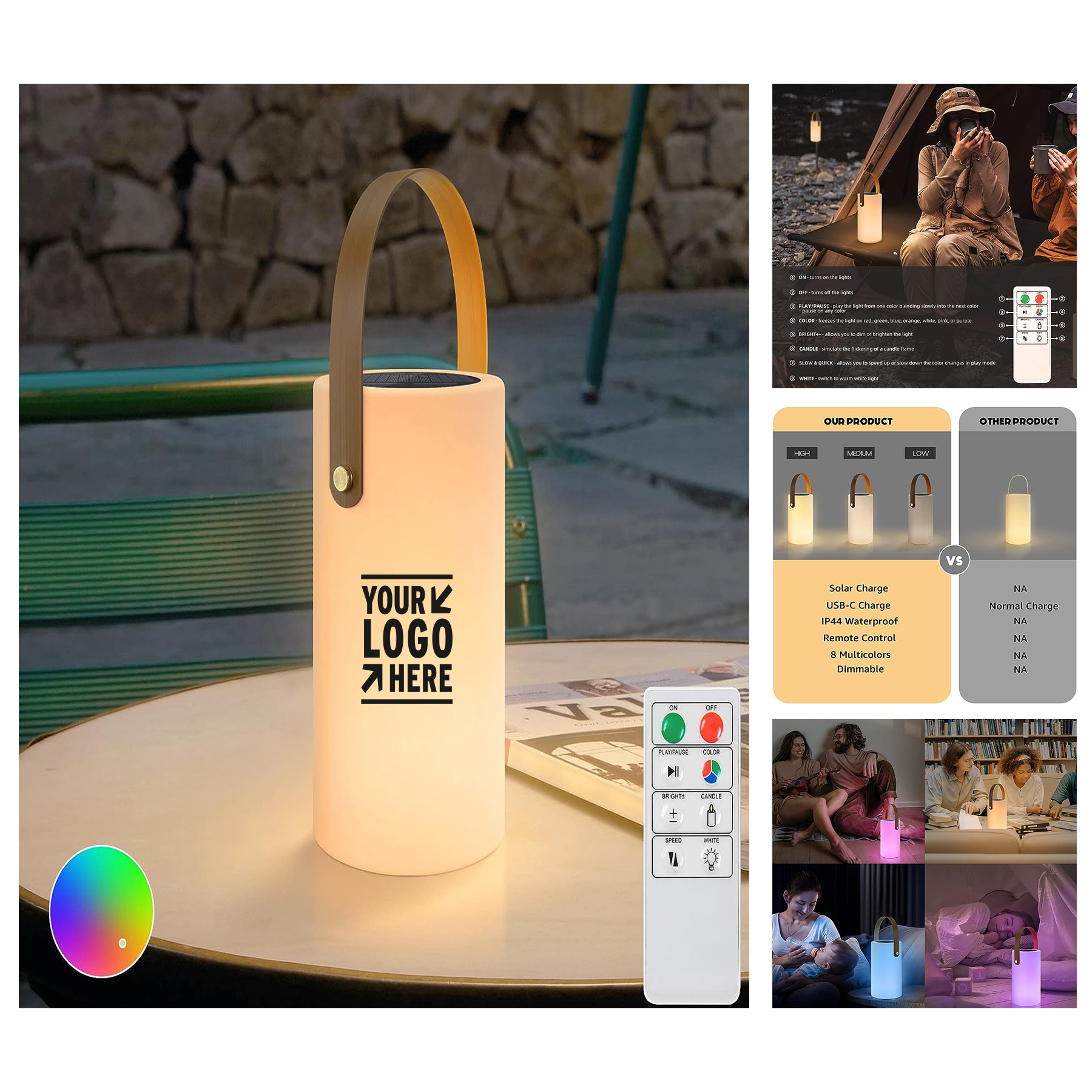 Outdoor Waterproof Portable LED Warm RGB Rechargeable Cordless Solar Table Lamp