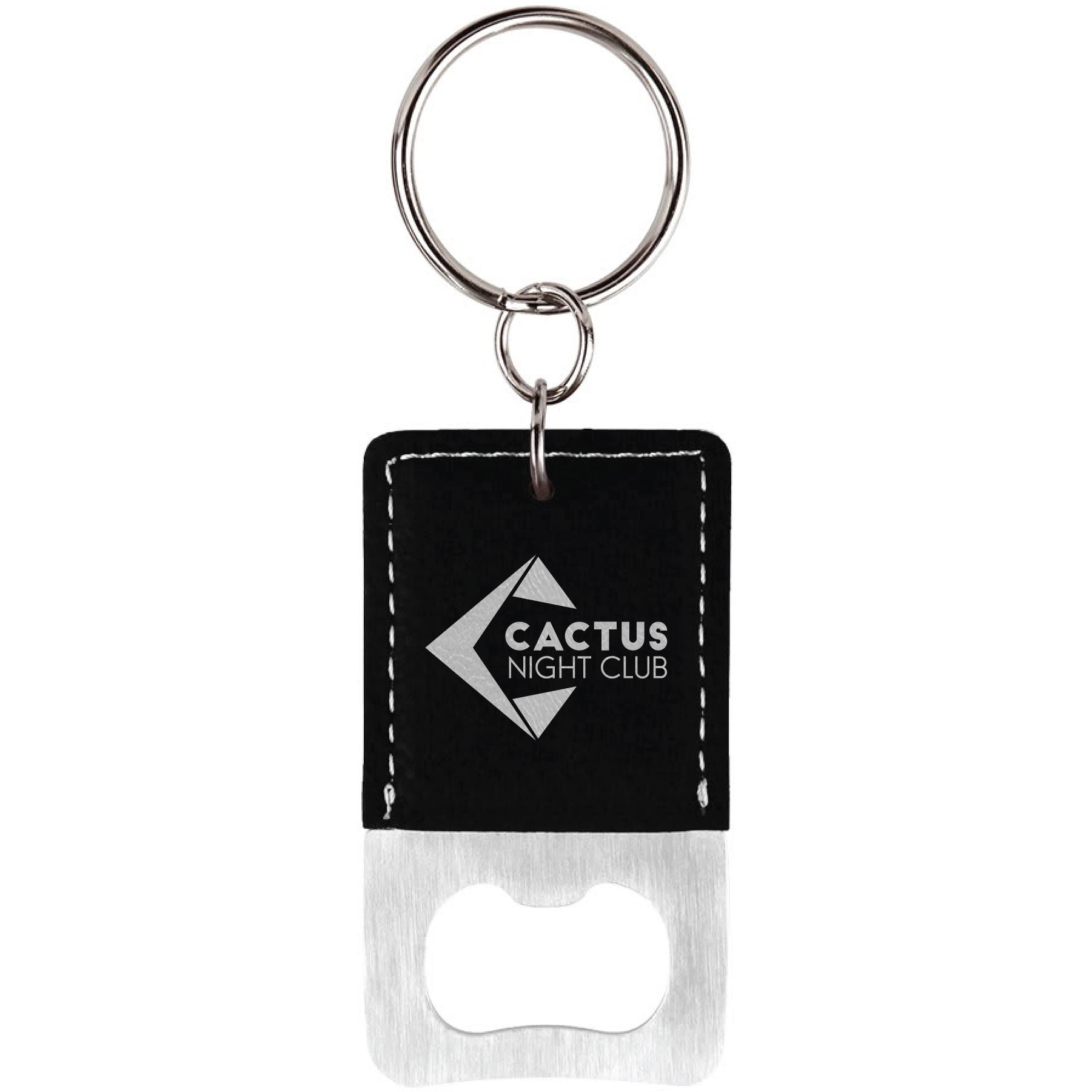 Black/Silver Rectangle Leatherette Bottle Opener Keychain