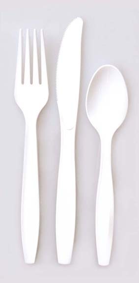 White Plastic Fork, Spoon, & Knife Set