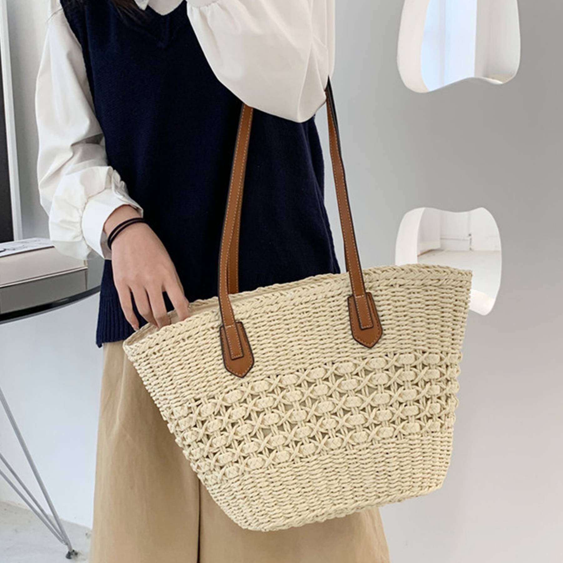 Straw Summer Large Shoulder Tote Beach Bag 7