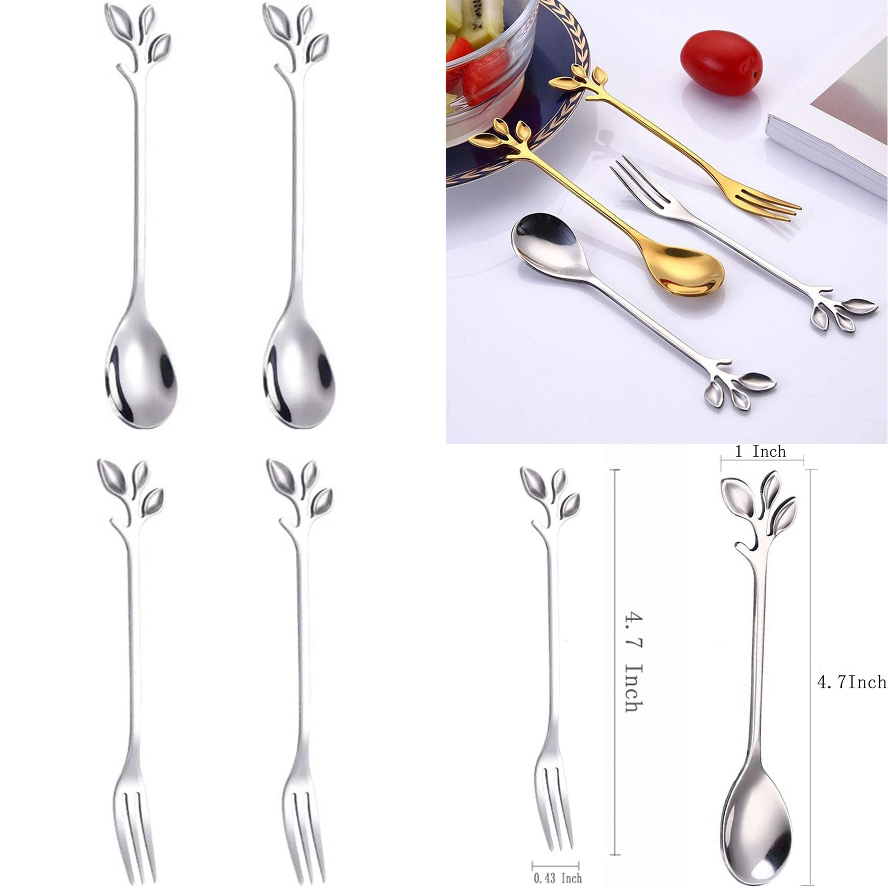 Stainless Steel Silver Leaf Coffee Spoon Appetizer Fork 3