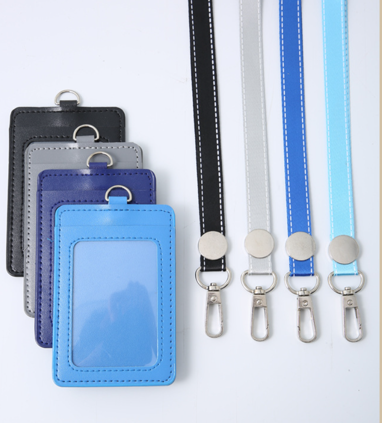 PU Leather Neck ID Card Holder with Nylon Lanyard 2