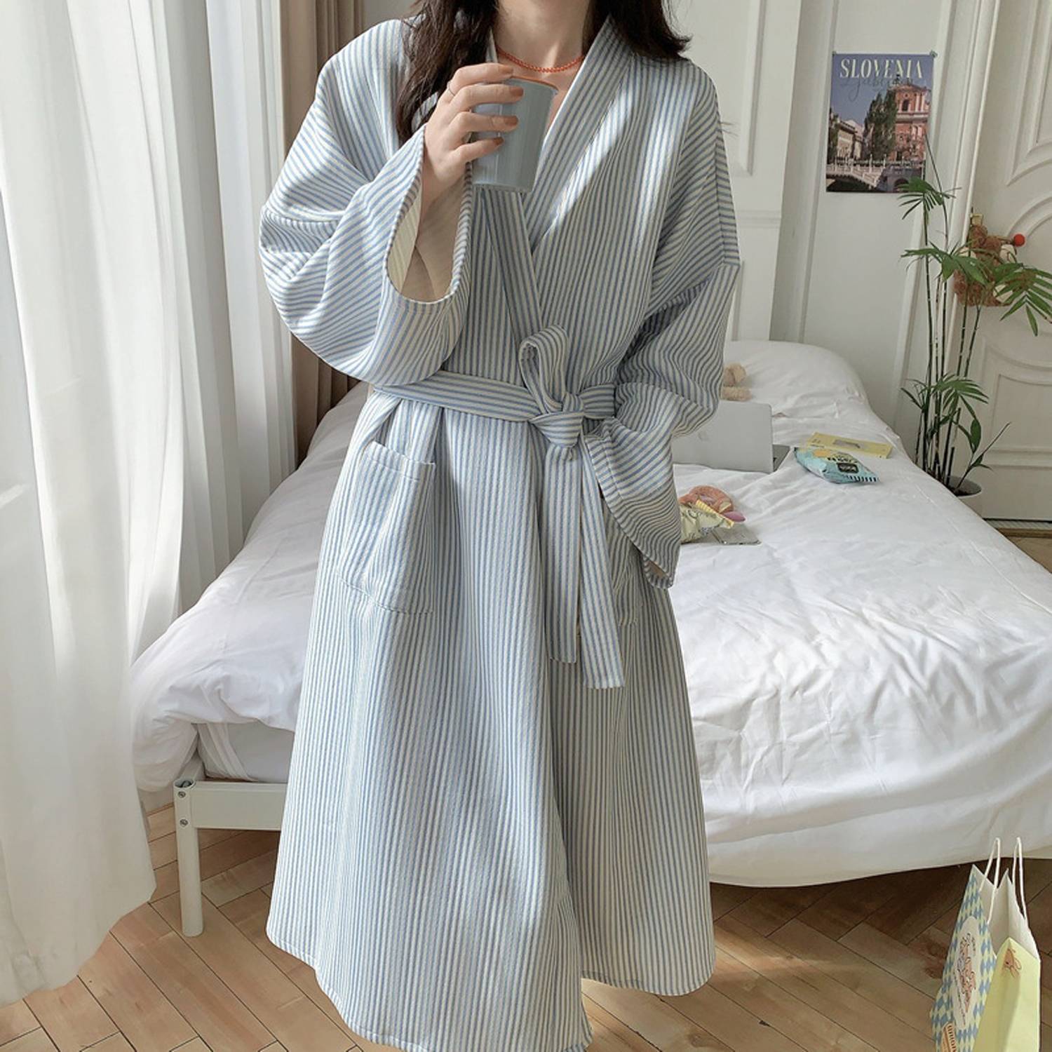 Women Winter Thermal Striped Bathrobe Loungewear 9