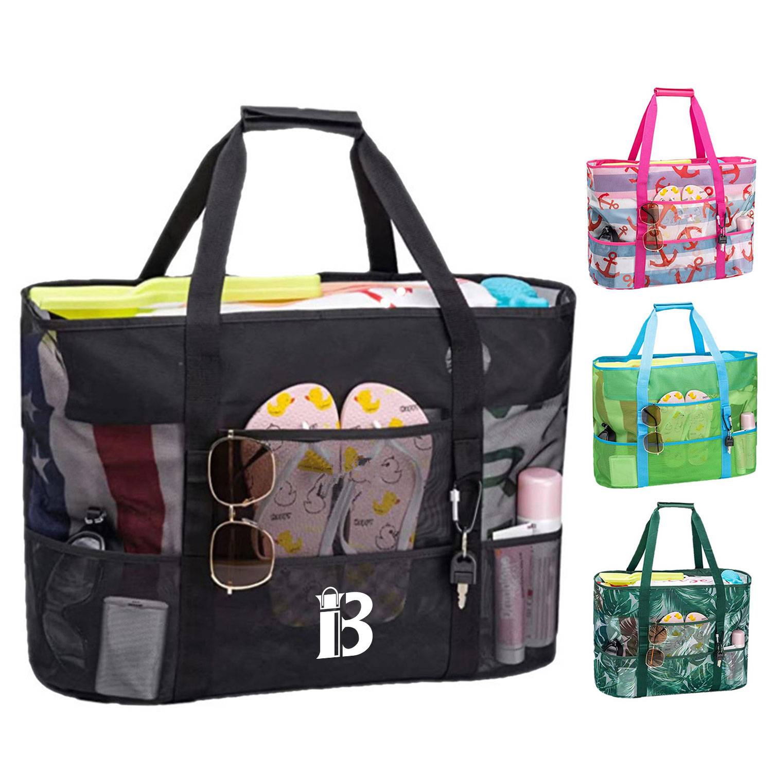 Large Mesh Nylon Beach Tote Bag w/ Pockets for Travel 6