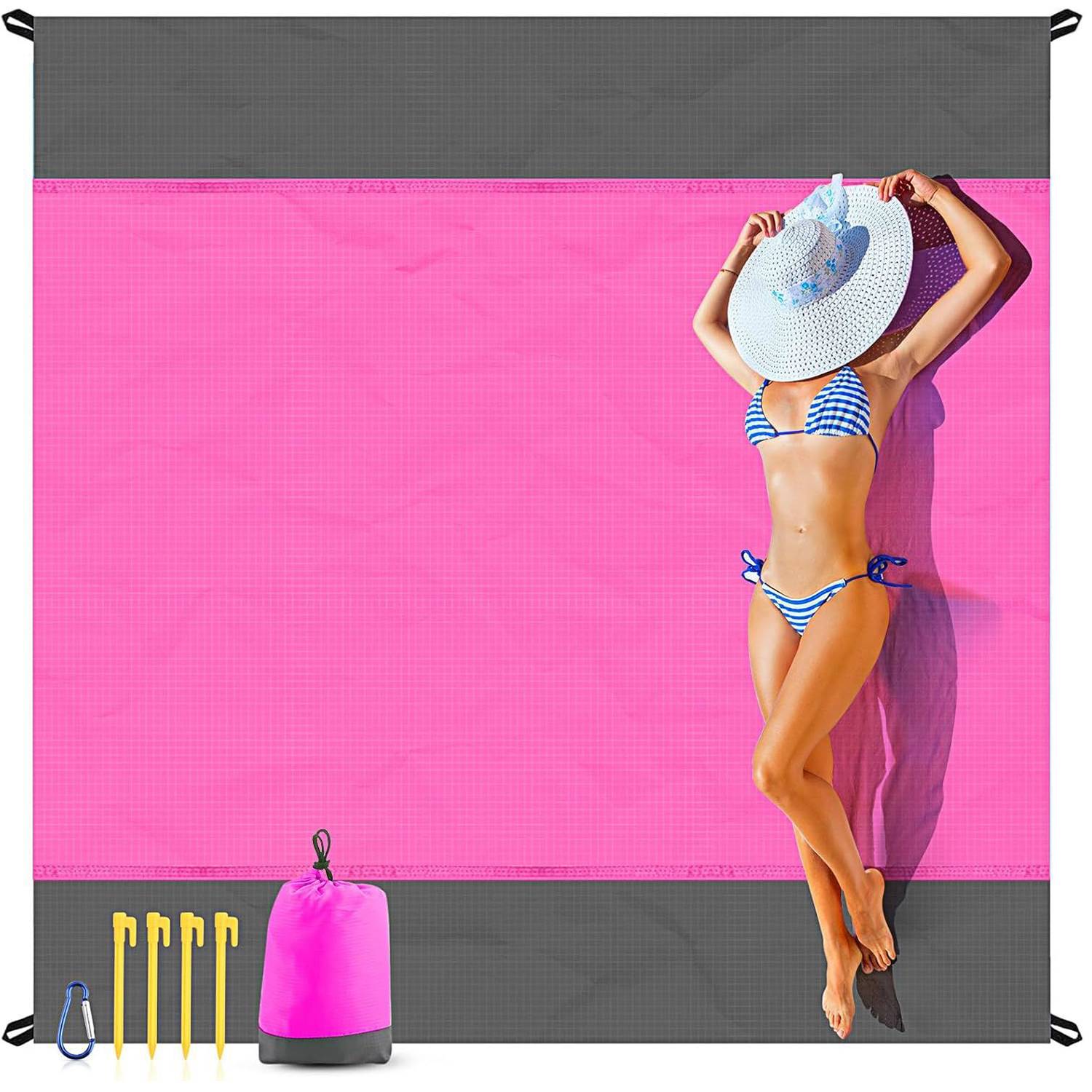 Foldable Waterproof Sandproof Beach Mat w/ 4 Stakes 5