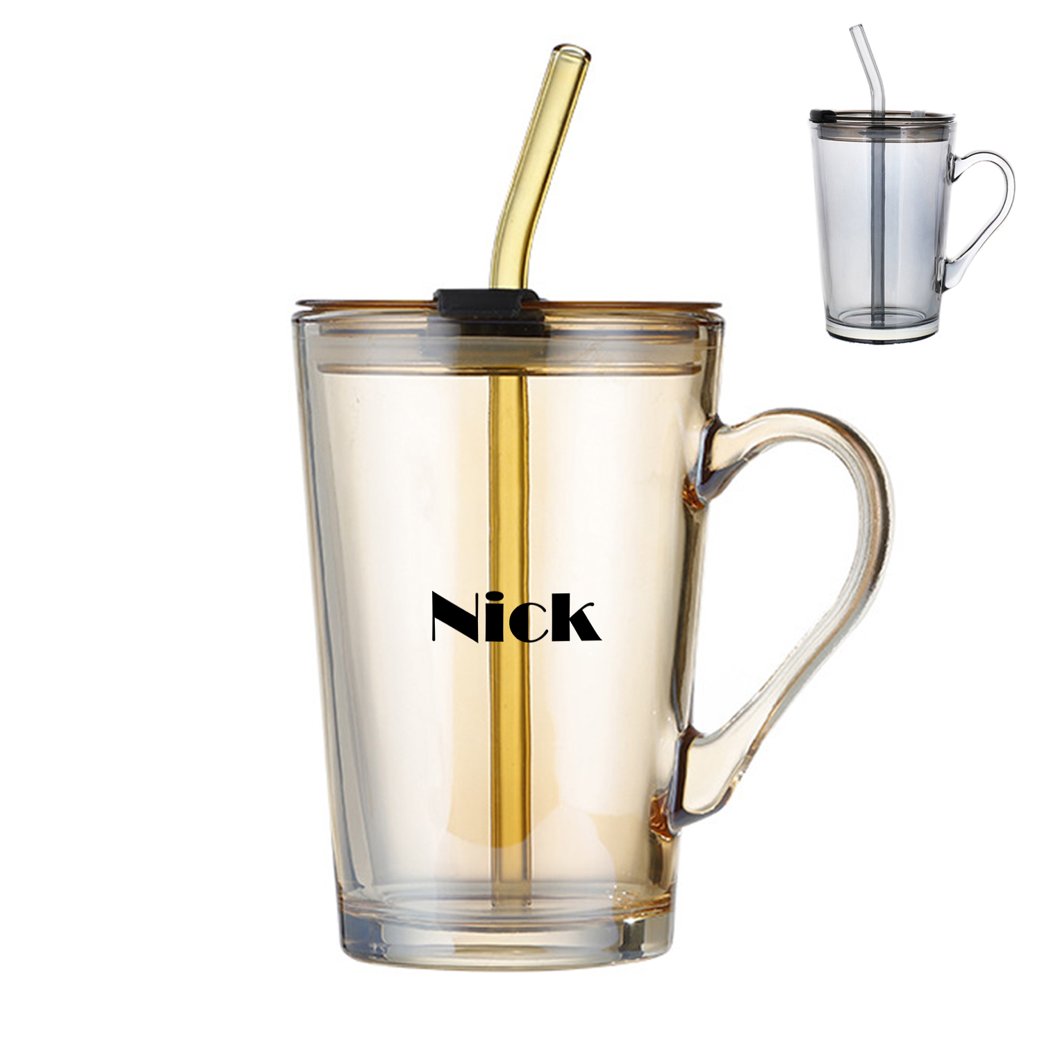 Glasses Cup with Handle Lid Straw 2