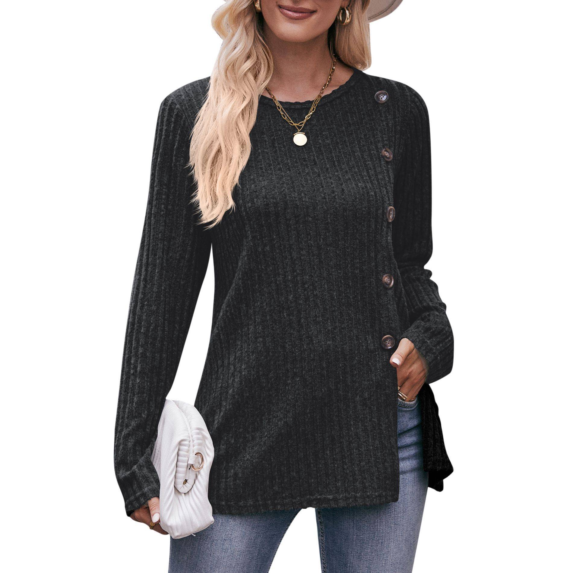 Women's solid color slit button T-shirt 9