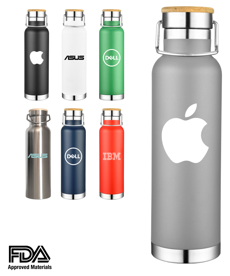 22oz Double Wall Stainless Steel Vacuum Insulated w/ Bamboo, custom water bottle with logo imprint 4