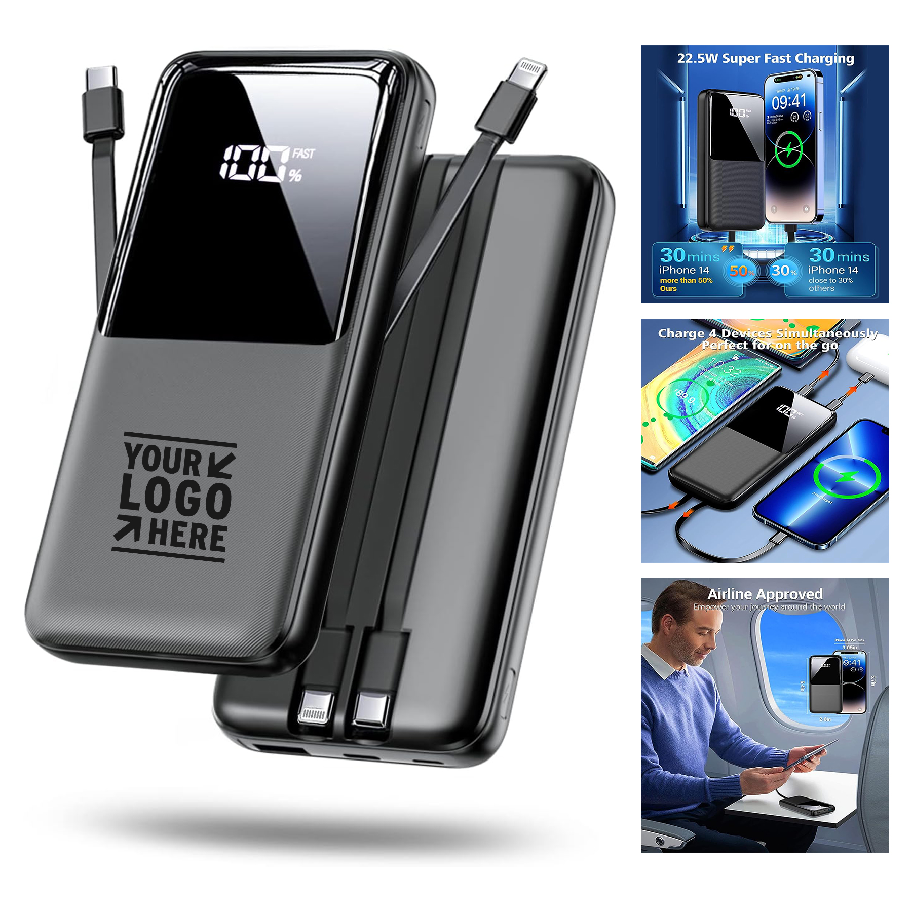15000mAh Built in USB-C(22.5W) iOS(20W) Output Cable Fast Portable Phone Charger Power Bank   1