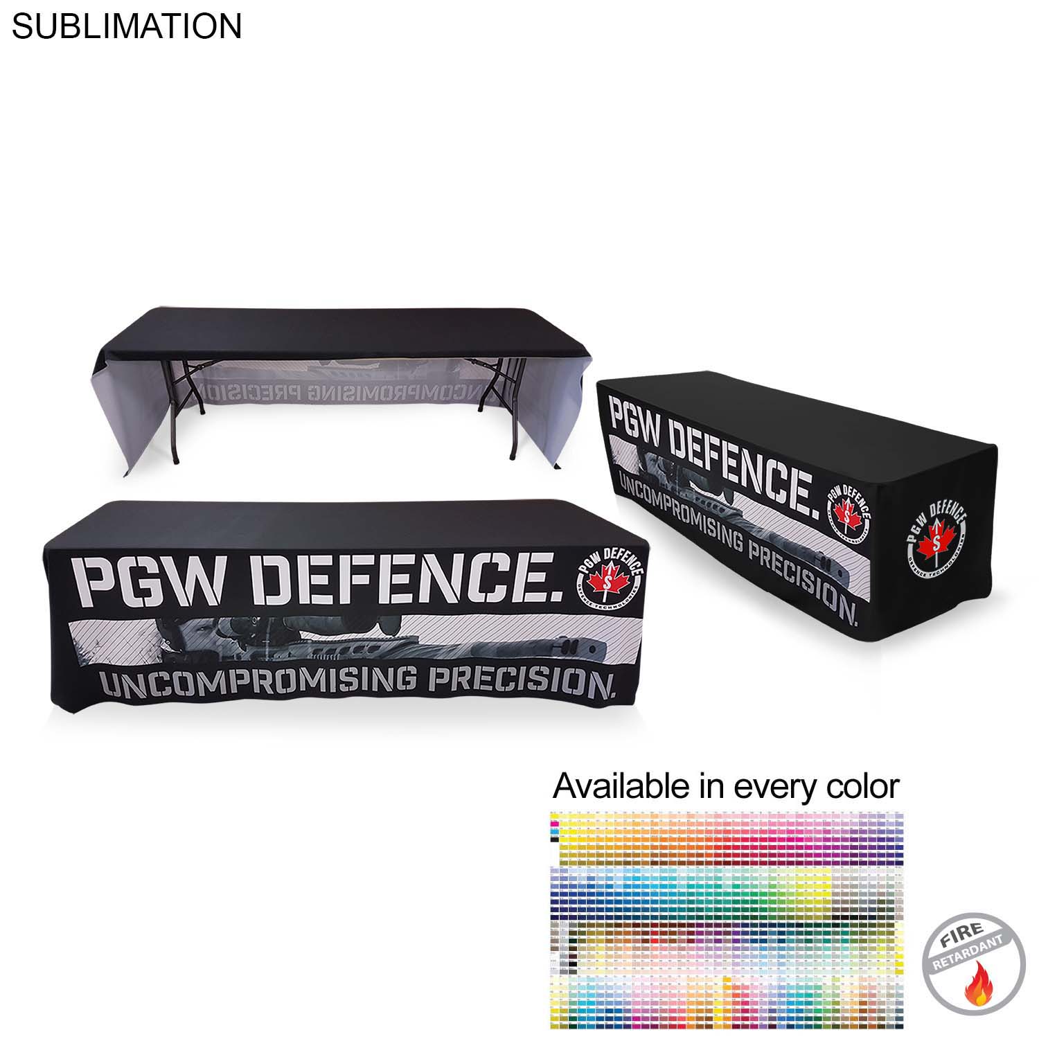 24 Hr Express Ship - Sublimated Table Cloth for 8' Table, Drape Style, 3 sided, Open Back