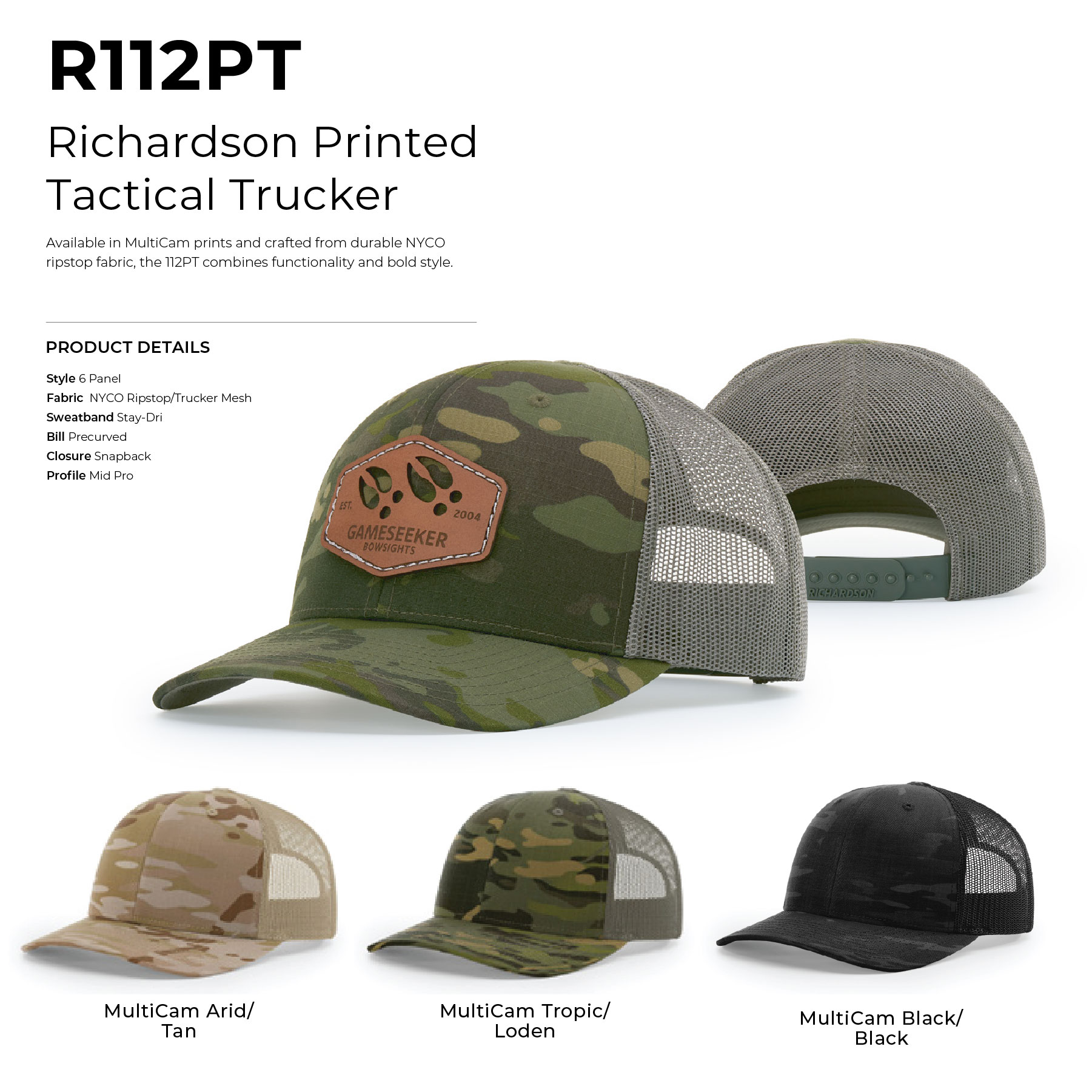 Richardson 112PT 6-Panel Printed Tactical Snapback Trucker Hat w/ Leatherette Patches or Embroidery 15