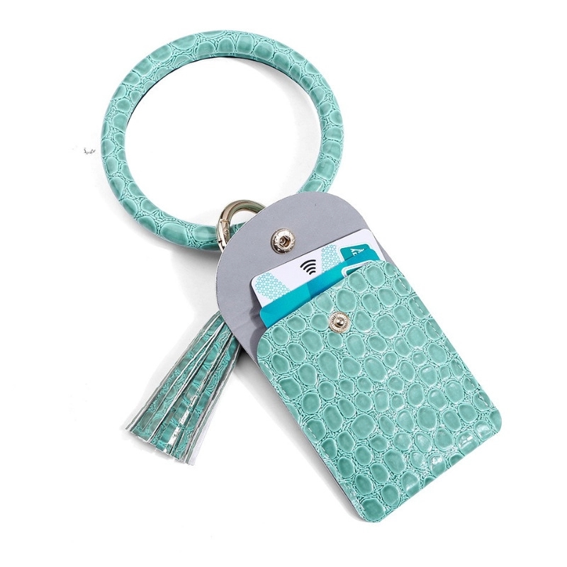 PU Leather Tassel Bracelet ID Credit Cards Holder Keychain 2