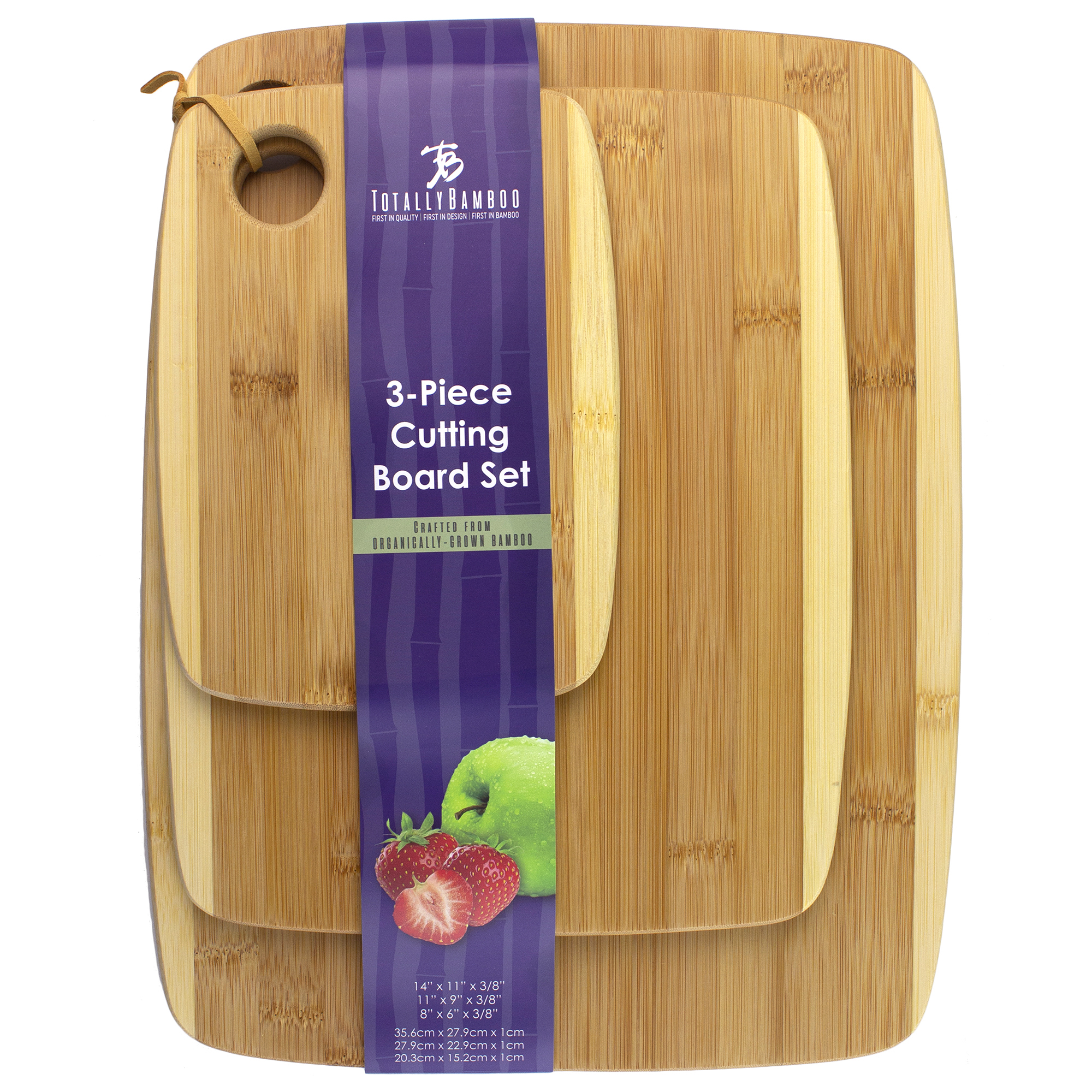 3-Piece Two-Tone Bamboo Serving and Cutting Board Set, 14" x 11" x 3/8", 11" x 9" x 3/8", and 8" x 6 7