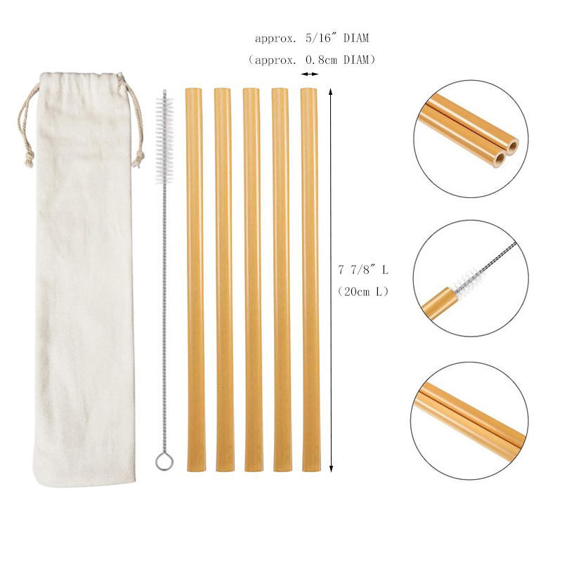 5pcs Reusable Bamboo Drinking Straw W/ Cleaning Brush In Carrying Pouch 2