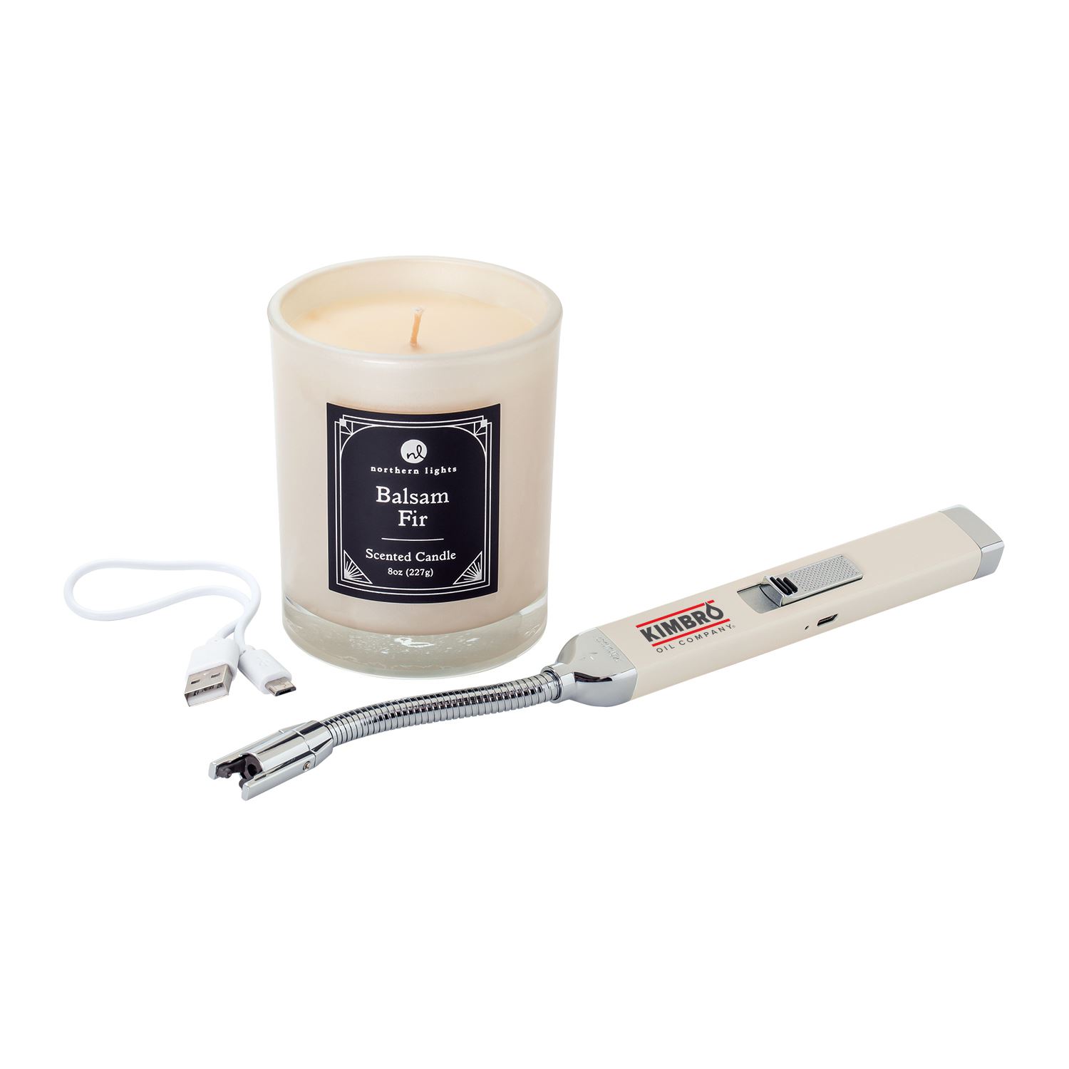 Champagne Rechargeable Candle Lighter & 8 oz Balsam Fir Candle Gift Set