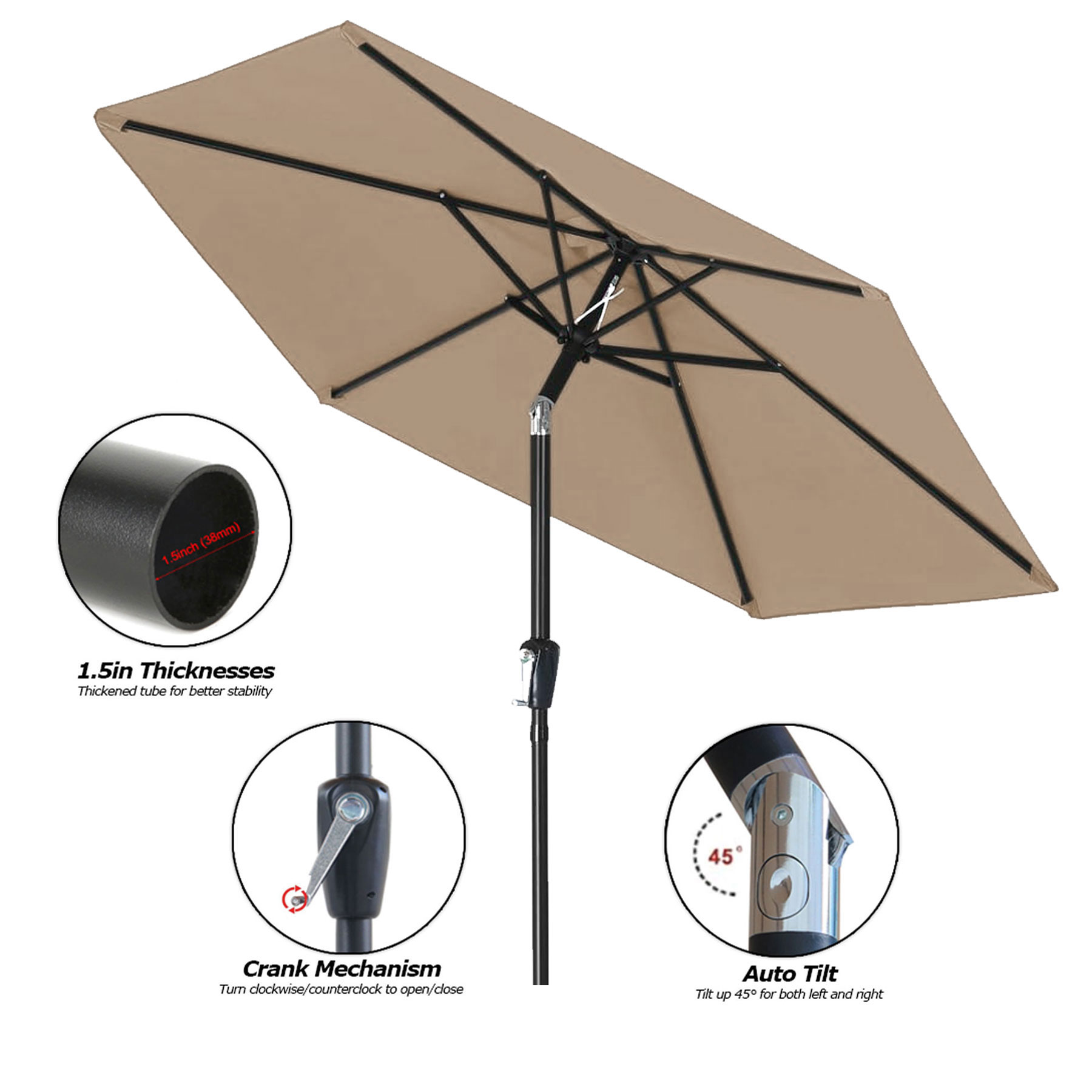 7.5' Black Aluminum Commerical Market Umbrella w/ Crank & Auto-Tilt ( Dye Sublimation ) 4