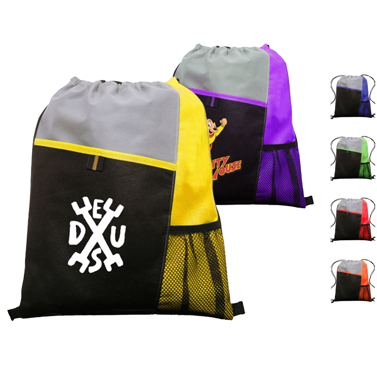 Tri Color Non-Woven Drawstring Backpack W/ Mesh Pocket 2