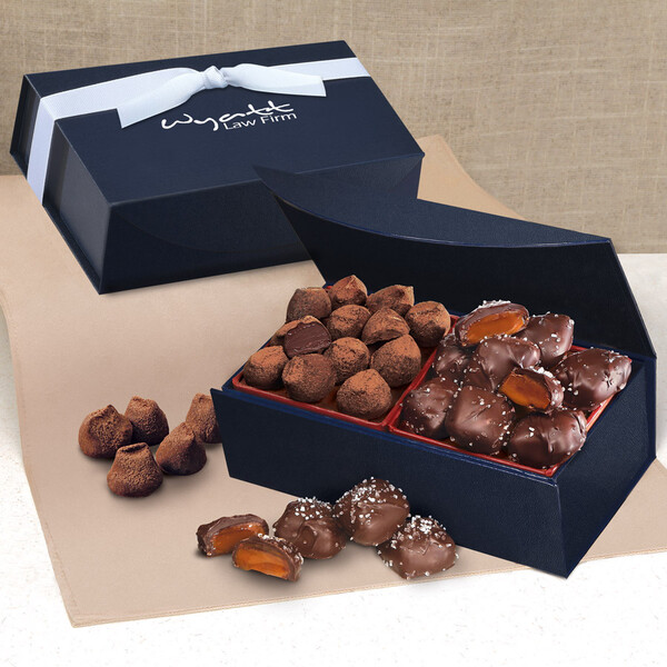 Chocolate Sea Salt Caramels & Cocoa Dusted Truffles in Navy Magnetic Closure Box