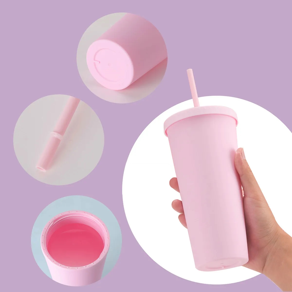 24OZ Candy Color Double-Layer Plastic Straw Cup with Lid 6