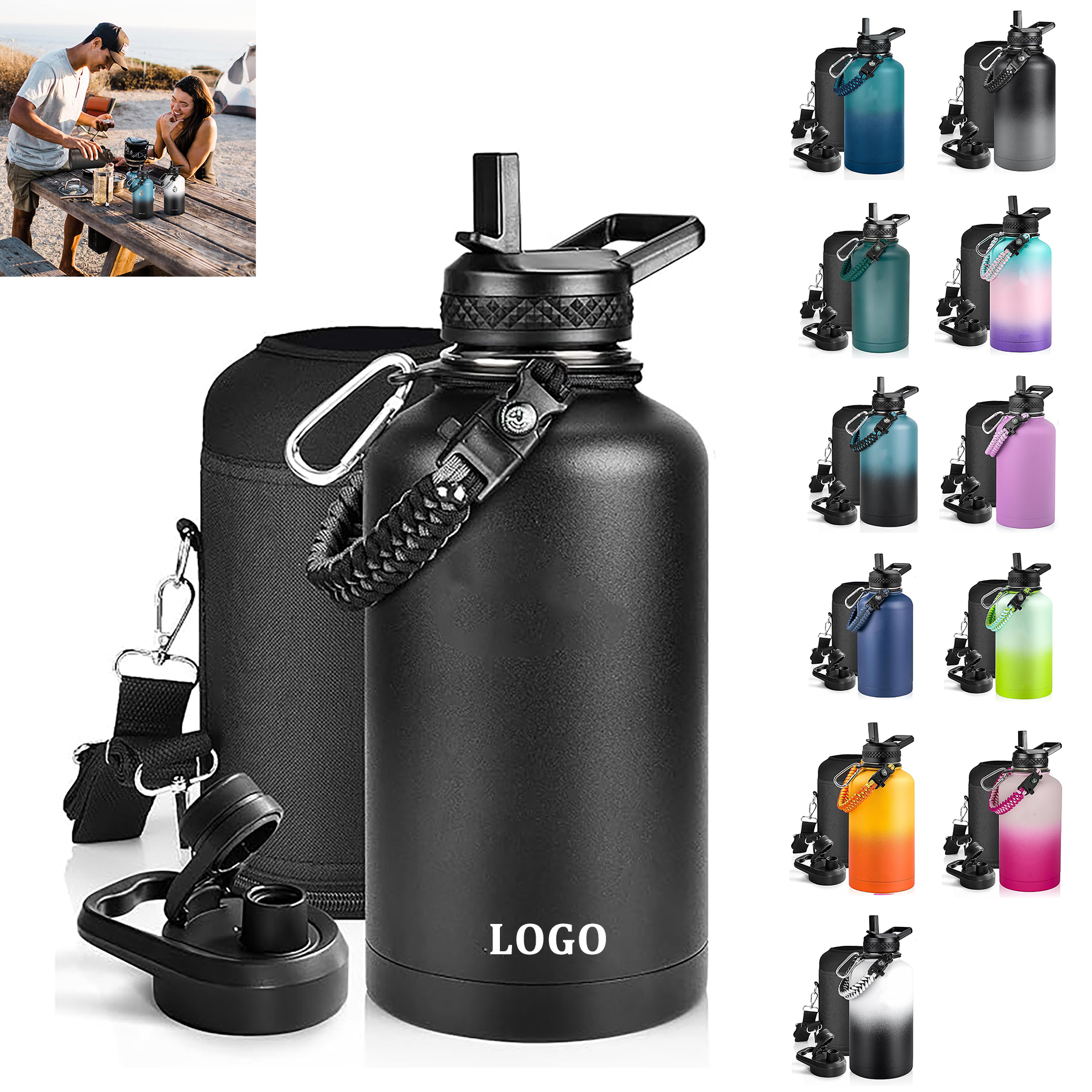 64 Oz Insulated Water Bottle with Paracord Handle and Straw Spout Lid, custom water bottle with logo imprint 10