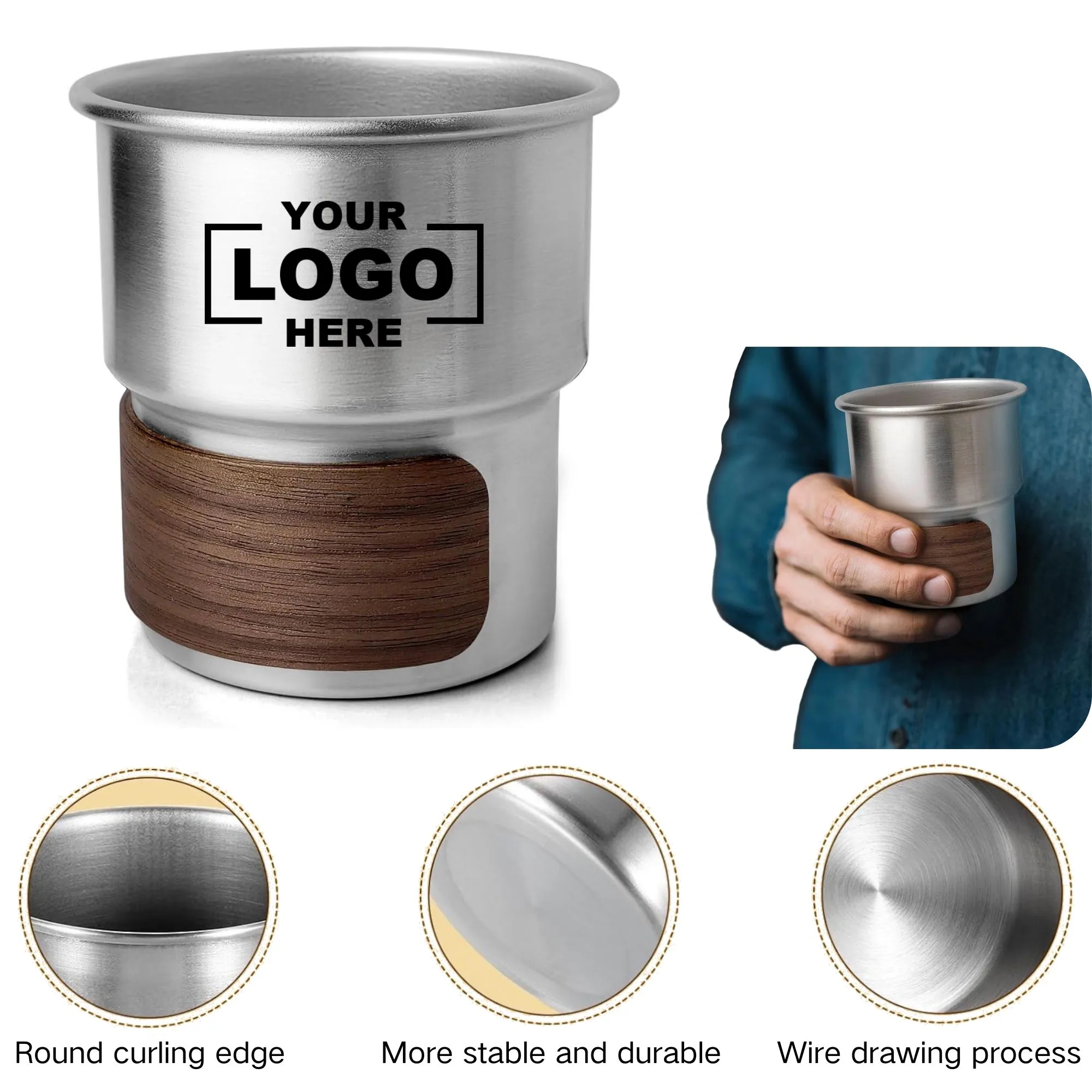 Stainless Steel Wooden Support Camping Coffee Cup