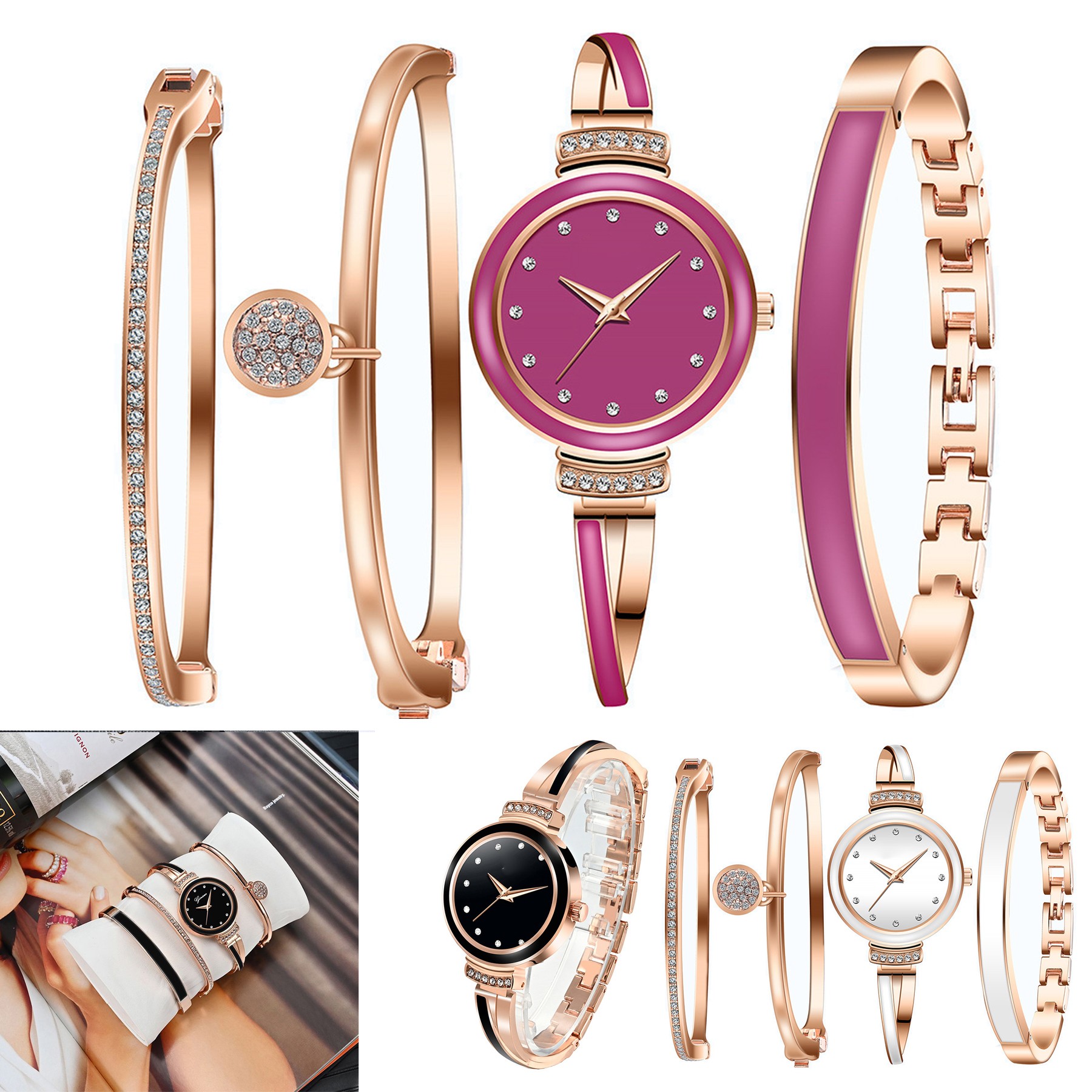Women's Premium Crystal Accented Bangle Watch Set 2