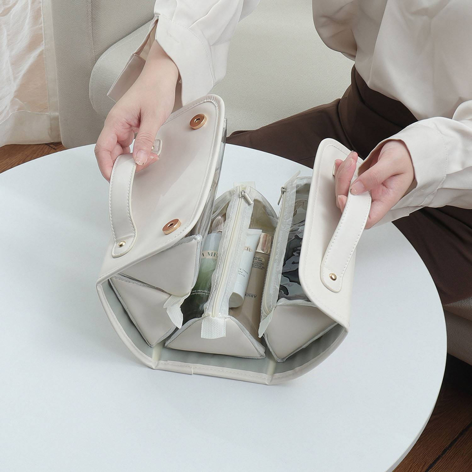 Portable PU Leather Travel Cosmetic Bag Detachable Pouches 7