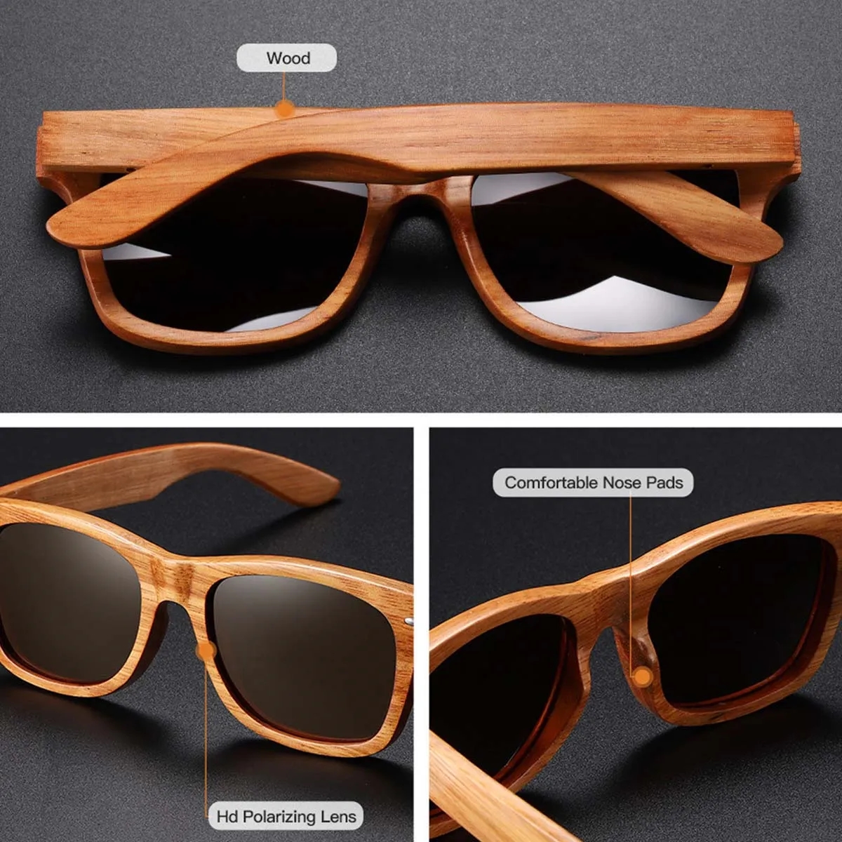 UV400 Unisex Wooden Frame Square Polarized Sunglasses 8