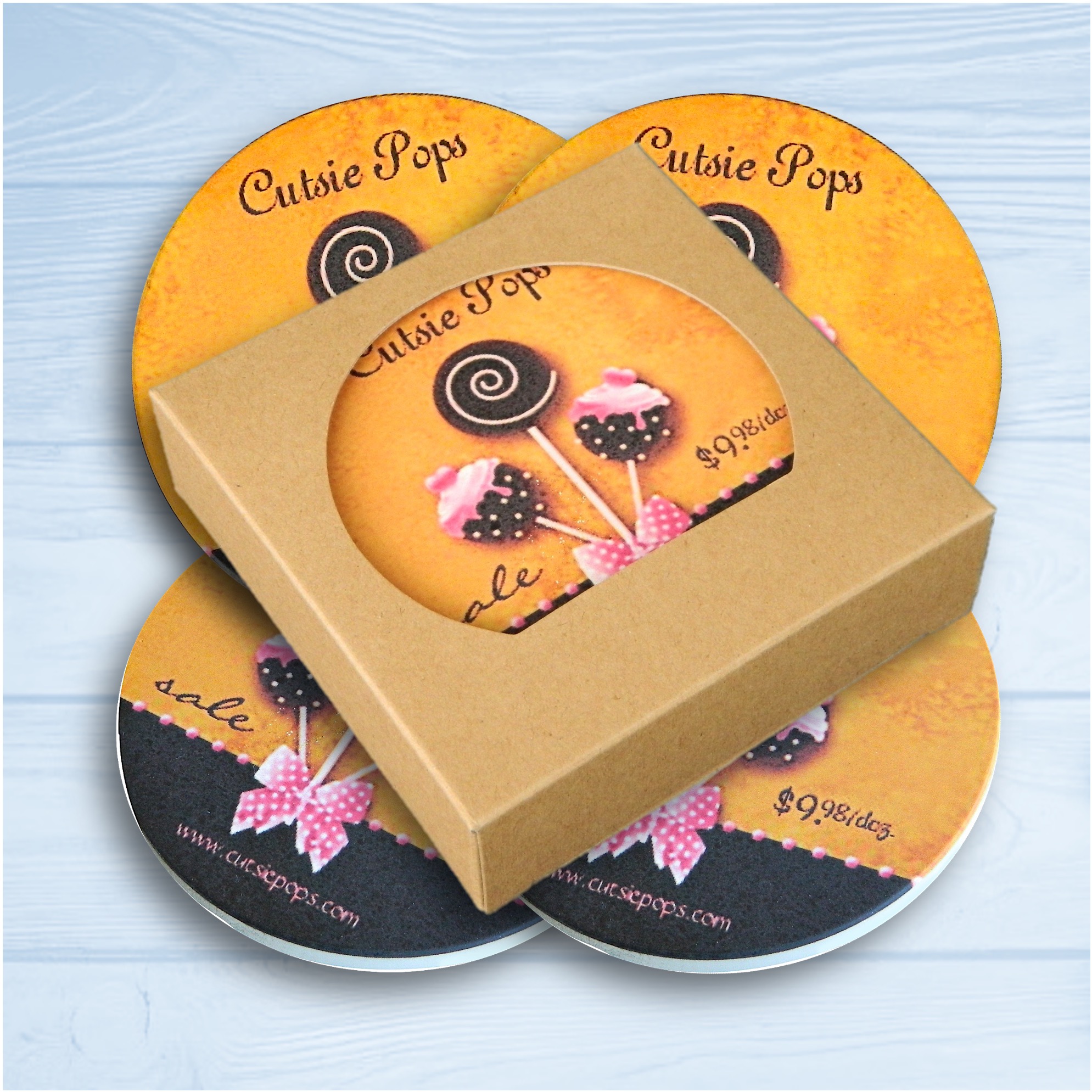 4 Round Absorbent Stone Coaster with Cork Backing packaged in Kraft Window Box 4
