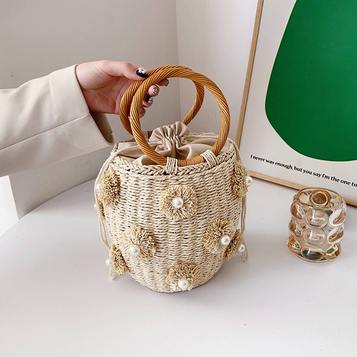 Women Woven Pearl Flower Bucket Tote Bag 3