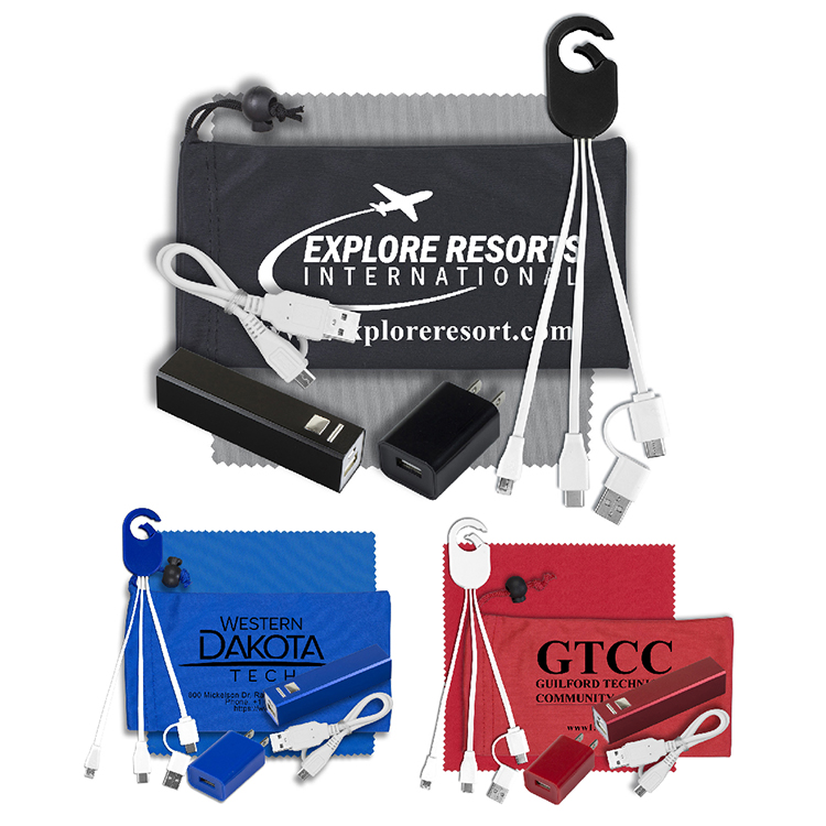 Mobile Tech Metal Power Bank Charging Kit with Microfiber Cloth in Microfiber Cinch Pouch