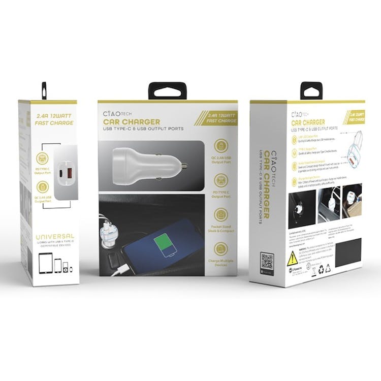 White Car Chargers - 12V USB-A & Type-C 1