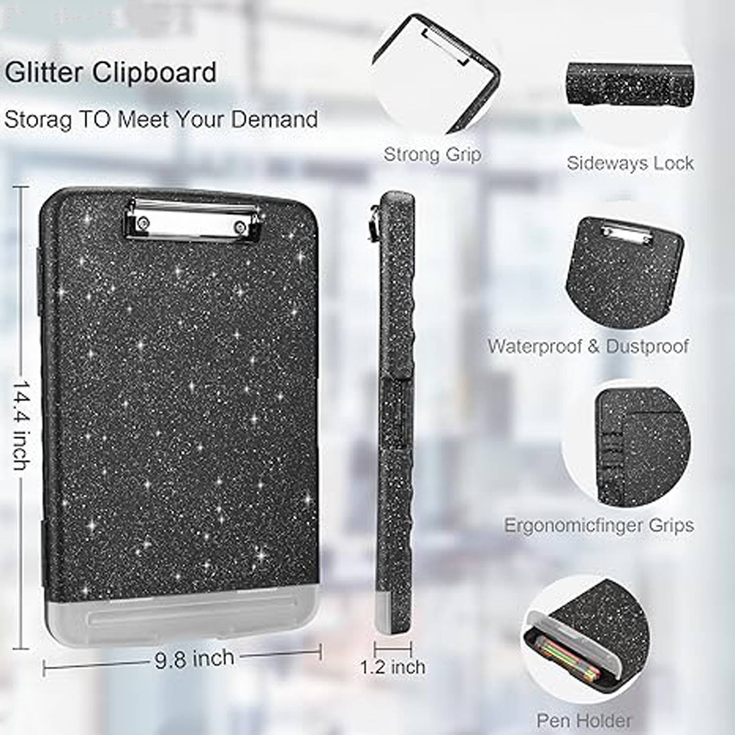 Glitter A4 Plastic Storage Clipboard w/ Pen Holder 9