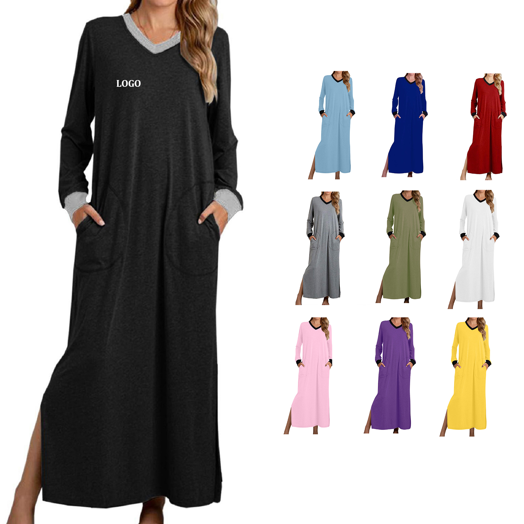 Womens Long Dress V Neck Nightshirts Side Slit 2