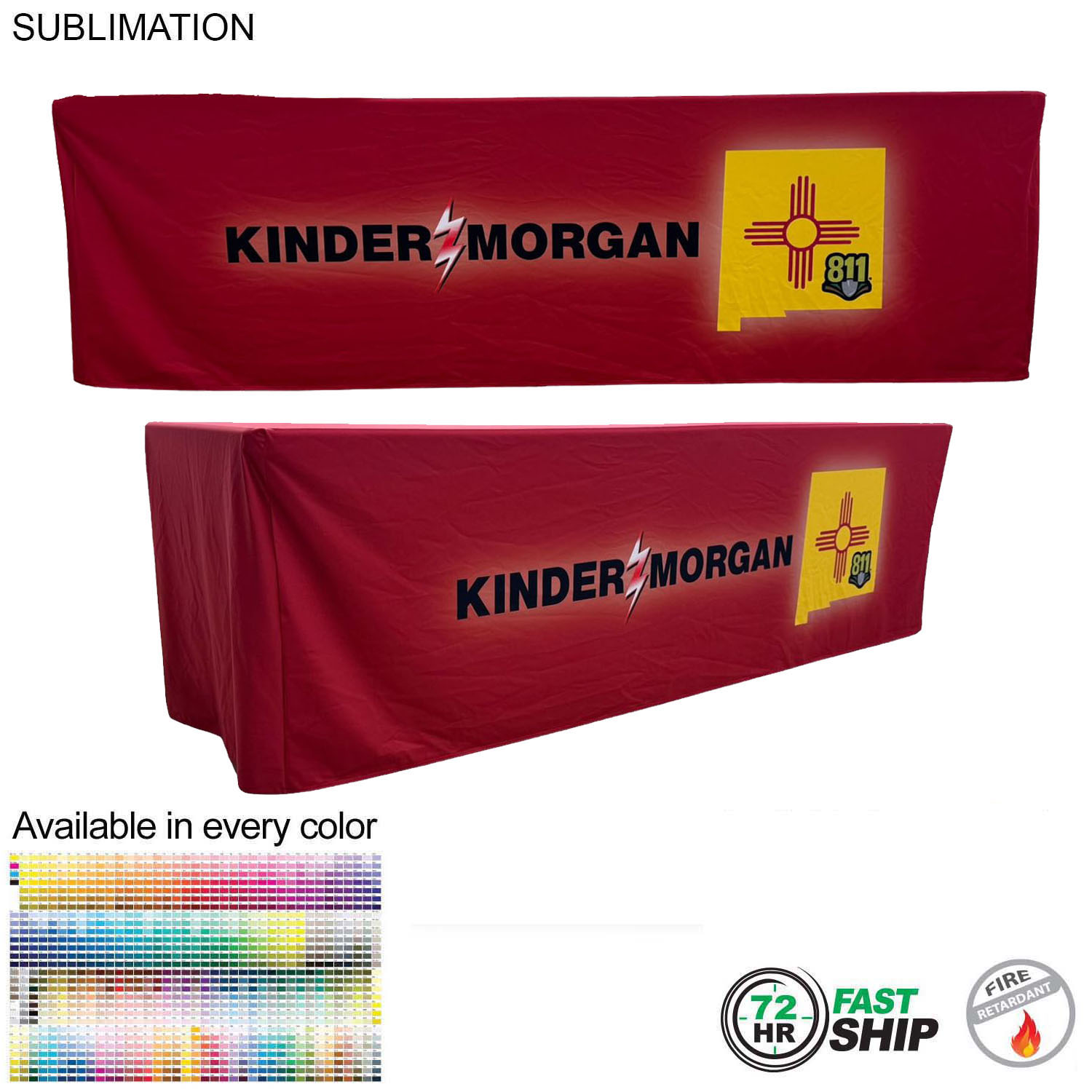 72 Hr Fast Ship - Sublimated PREMIUM Box Style Fitted Table Cloth, 8' Table, 4 sided, Closed back 3