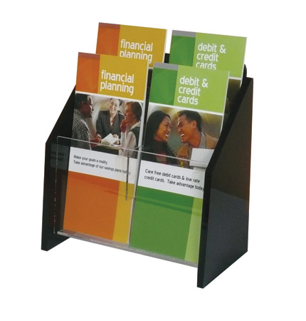 Wall Mount Brochure Holder, Clear w/Black Ends, 2-tier, 4 pocket - for 4x9 1