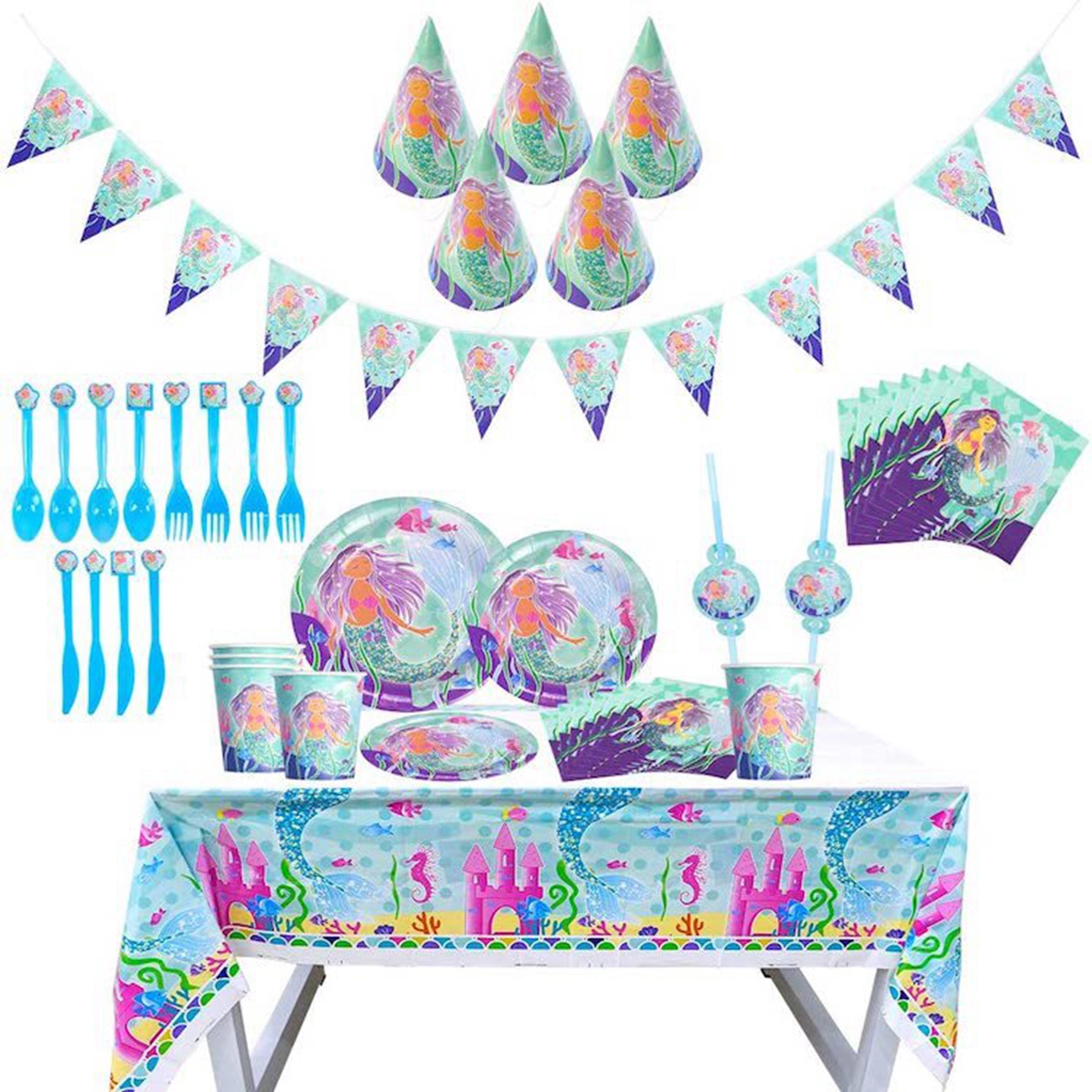 Mermaid Party Supplies Set Serves 6 Blue Paper Plates 3