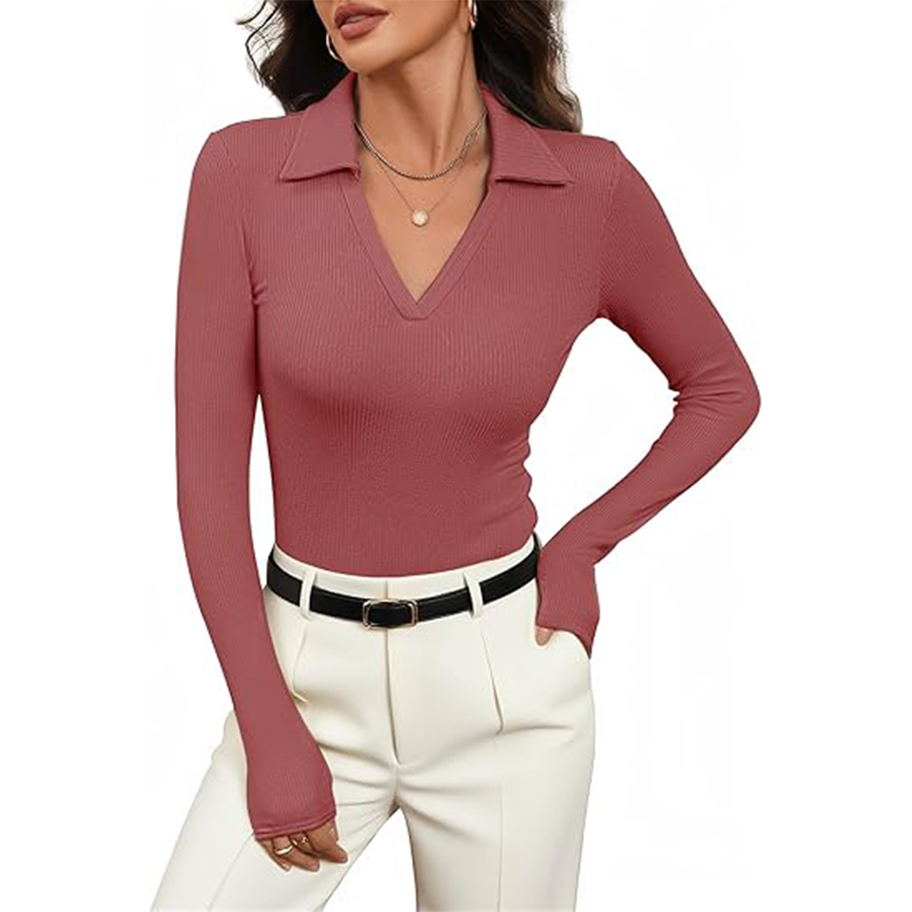 Women Long Sleeve V Neck Polo Shirt 6