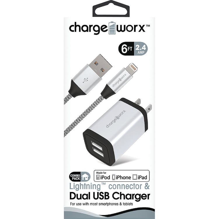 Lightning Cables & Dual USB Chargers - Silver 6' Cord MFI Certified