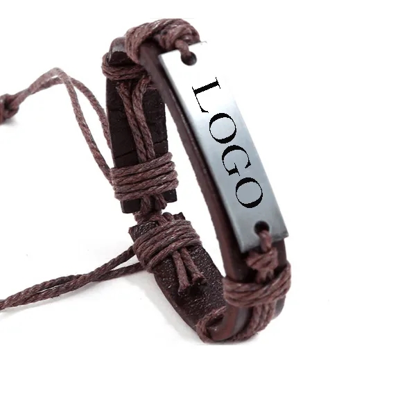 Leather Bracelet with Engraved Metal Plate 1