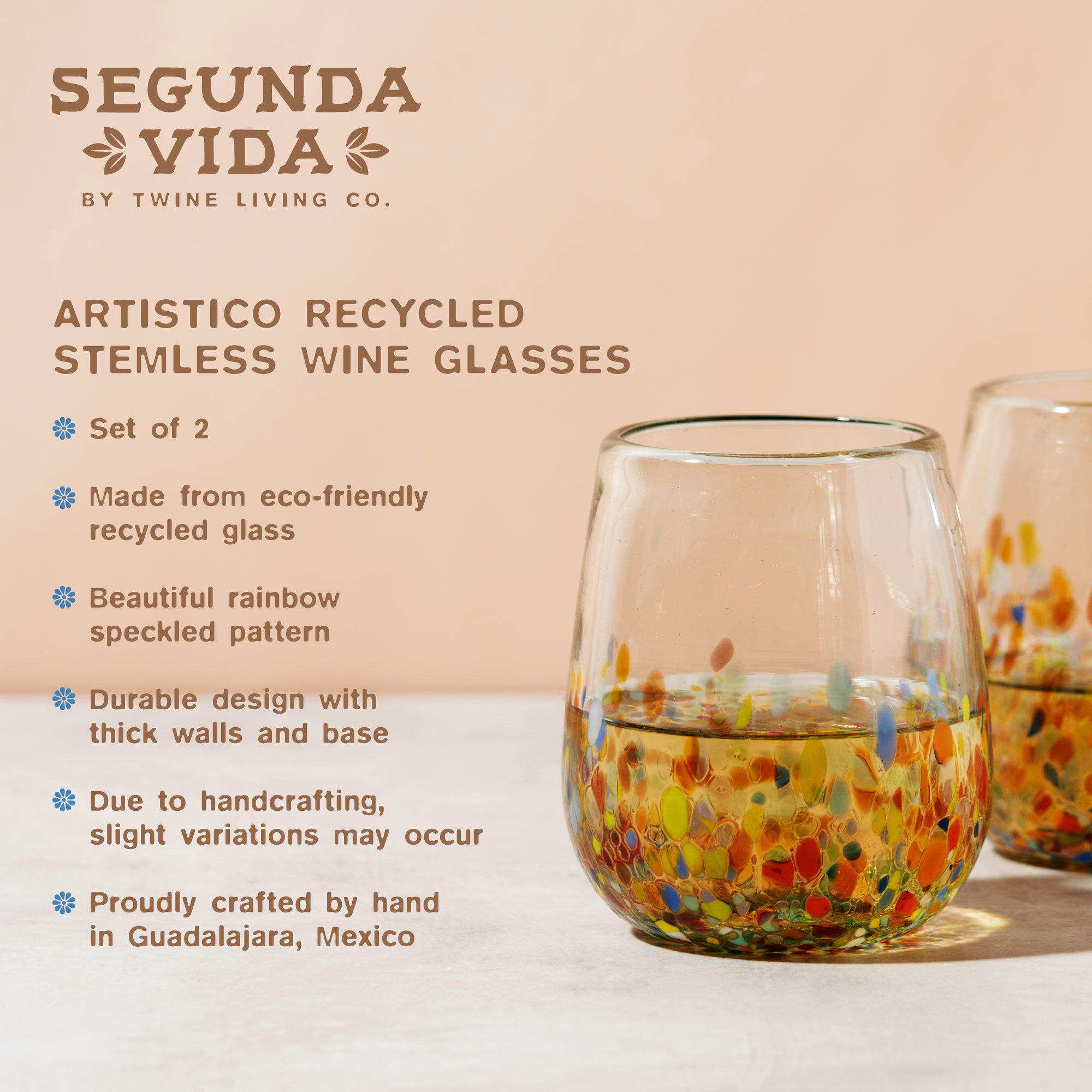 Twine Living® Artistico Stemless Recycled Wine Glass, set of 2 2