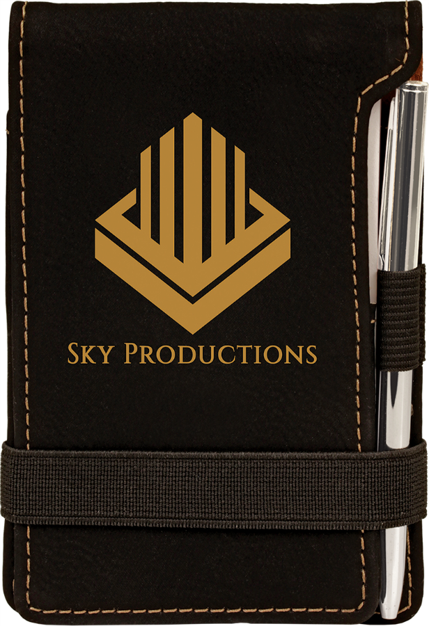 3 1/4" x 4 3/4" Black/Gold Leatherette Mini Notepad with Pen 1