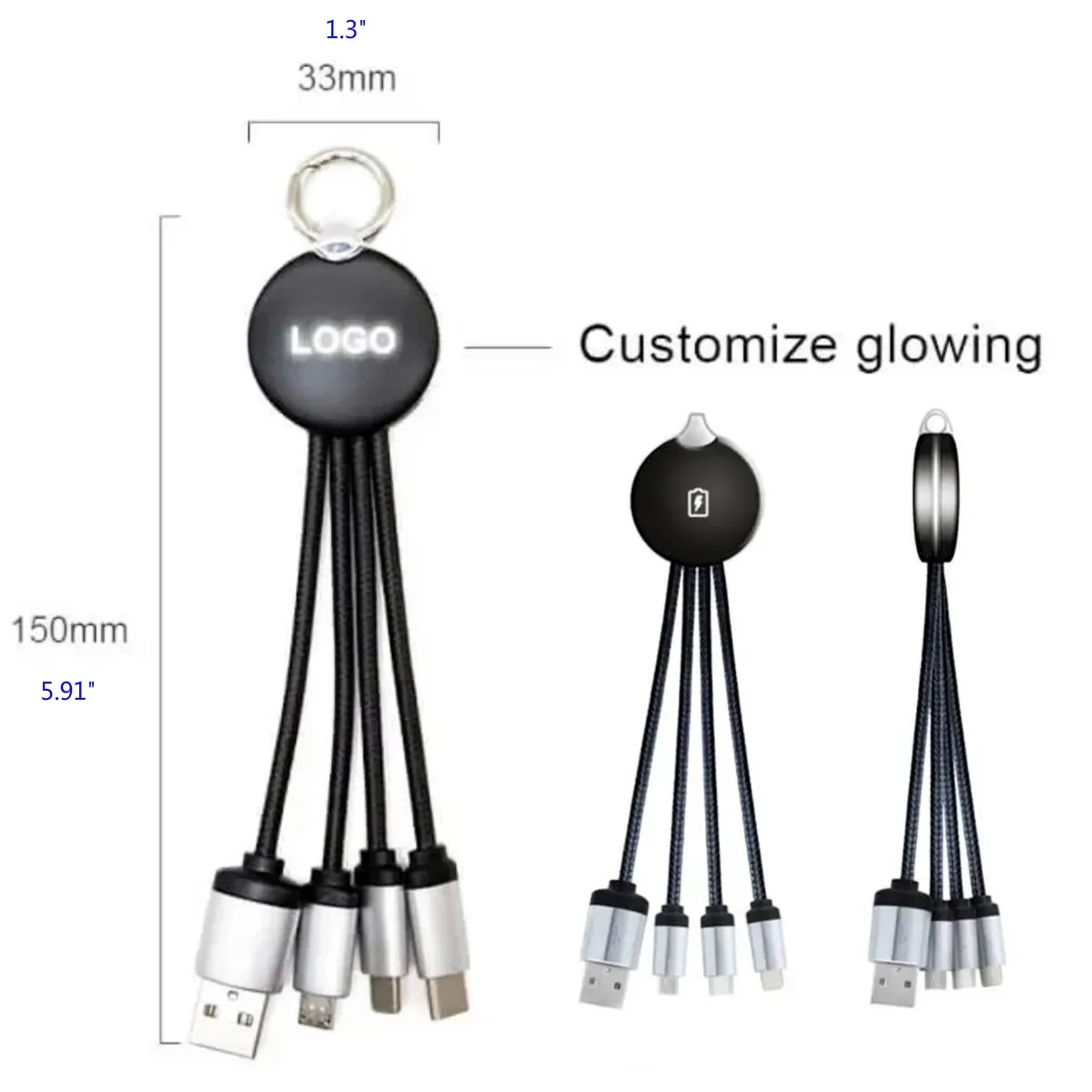 Custom Metallic Logo Light Up Cable With Type C USB 3