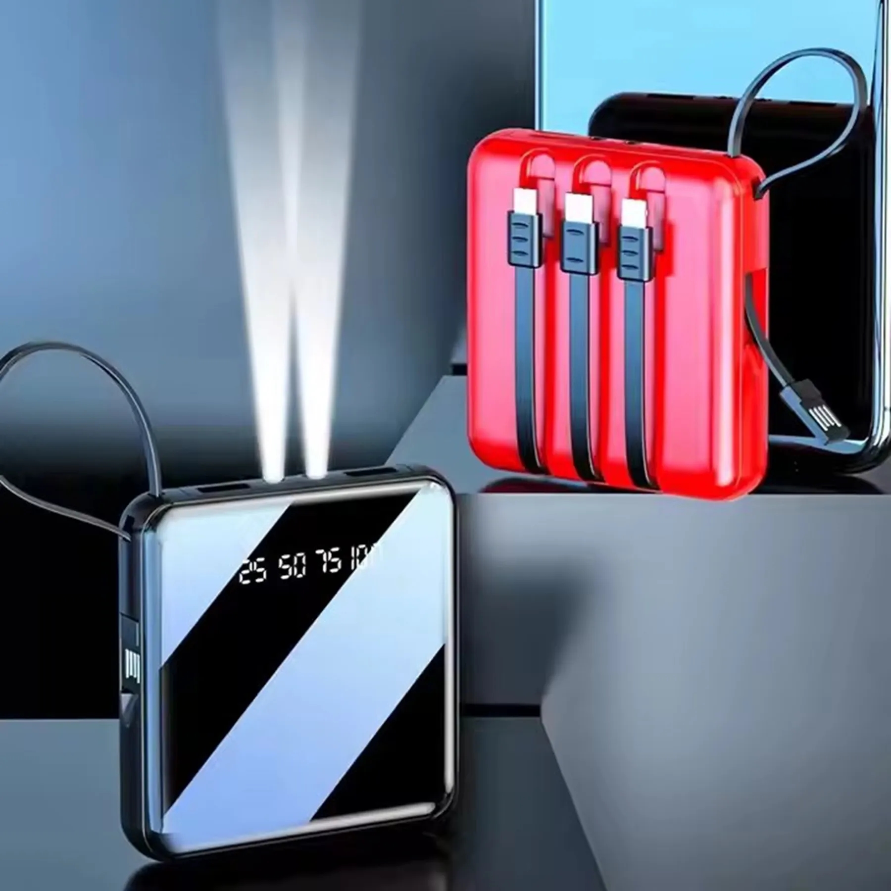 10000 mAh Square Mirror Power Bank with Built-in Cable 9